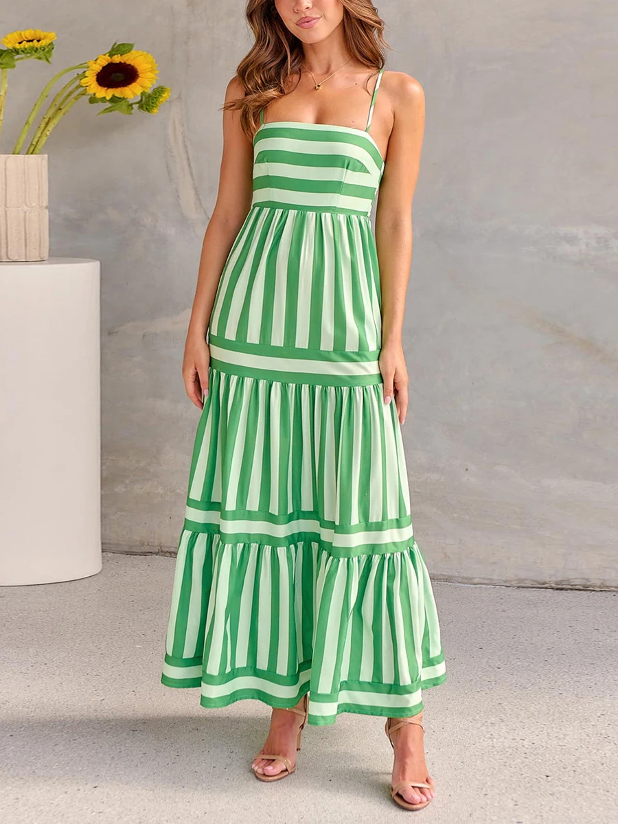 

Women Tiered Long Dress Bohemain Summer Sleeveless Spaghetti Strap Striped Pockets Slip Flowy Dresses for Beach Vacation Party