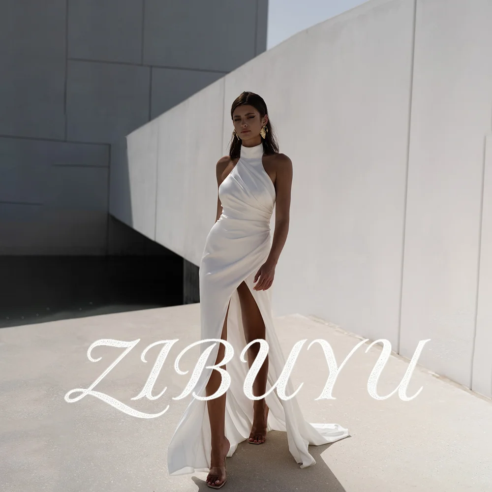 

ZIBUYU Customized Modern Satin Wedding Dress Halter High Neck Ruched Waist Open Back High Side Slit Mermaid Train Bridal Gown