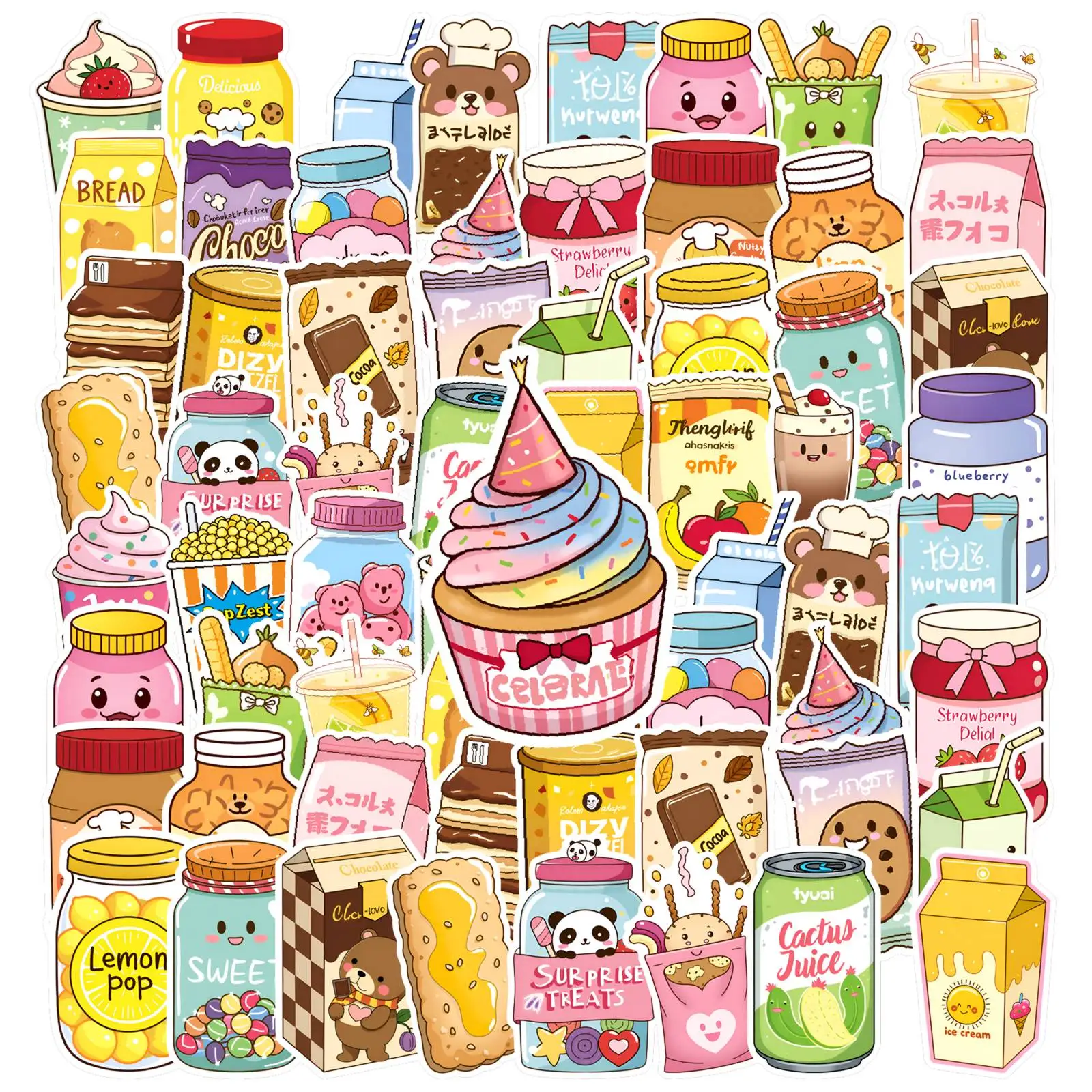 35pcs-50pcs Playful Food Stickers Cartoon Cute Characters Stationery Stickers DIY Stickers For DIY Phone Laptop Scrapbook Bike