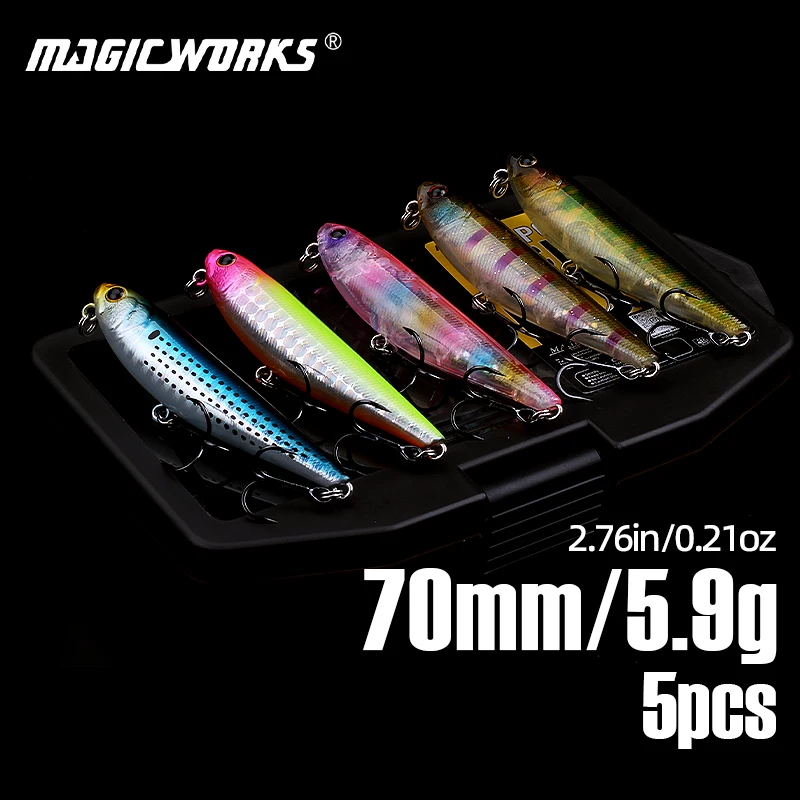 

Magic Works 5pcs per Set Pencil Lure 70mm 5.9g Topwater Pike Wobbler Walking the Dog Fishing Surface Floating Artificial Bait