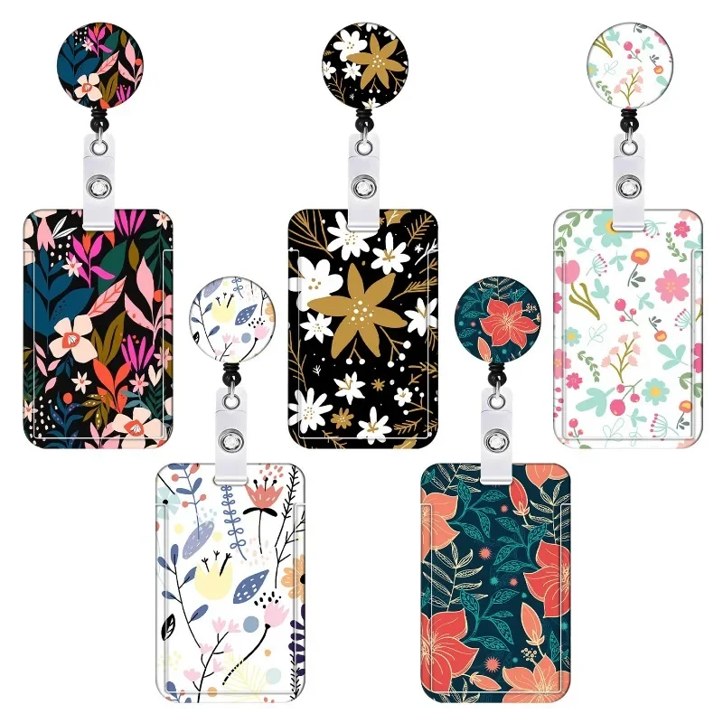 Staff Working Cards Holder with Retractable Long Lanyard and Badge Reel Flower ID Credit Cards Holder Cover for Woman Phone Rope