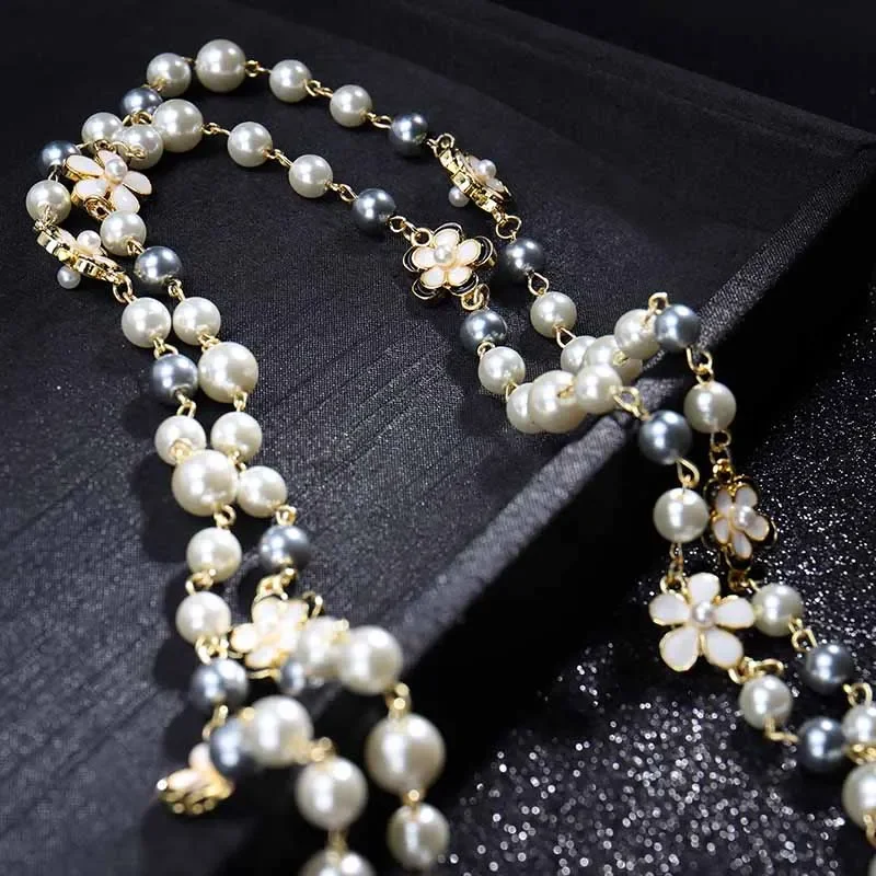 Korean luxury flower pearl long sweater chain necklace double layer necklace woman accessories