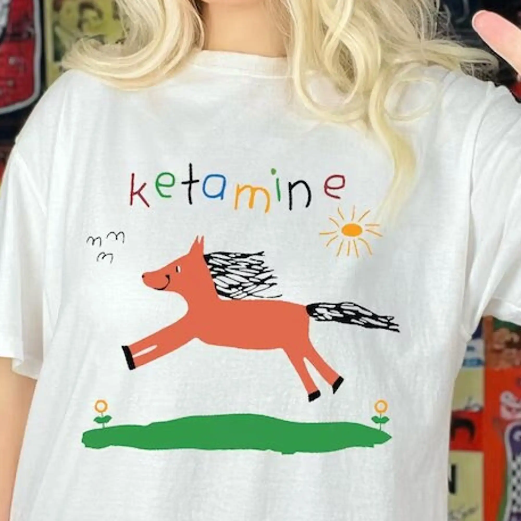 Ketamine Horse Child Drawing Tee Rainbow T Shirt Meme