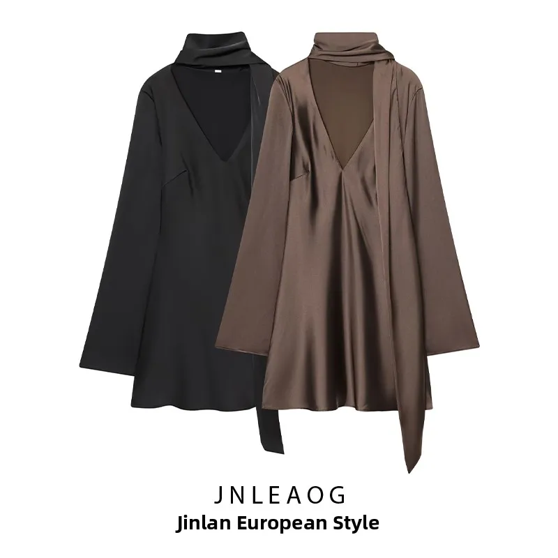 Ele Zijde Satijn Sjaal Dr Design Herfst Nieuwe Sle Dames Faion Casual Straight Cut Lang Sve V-Ne Polyestervezel