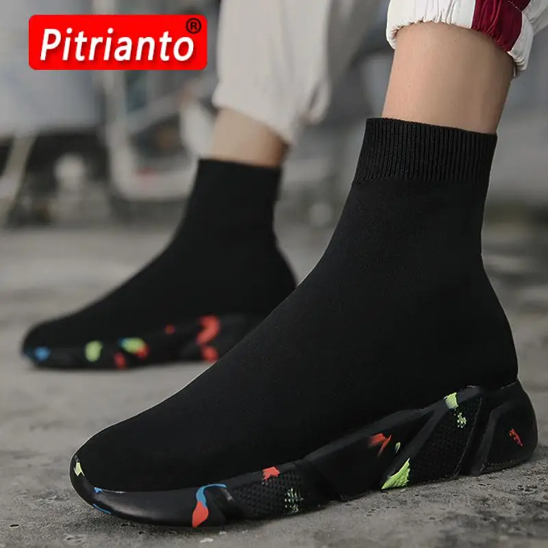 

Men's Sneakers Beathable Fabric Casual Shoes Men Slip on Sock Shoes Boys Sneakers Light High Top Men Shoes Autumn