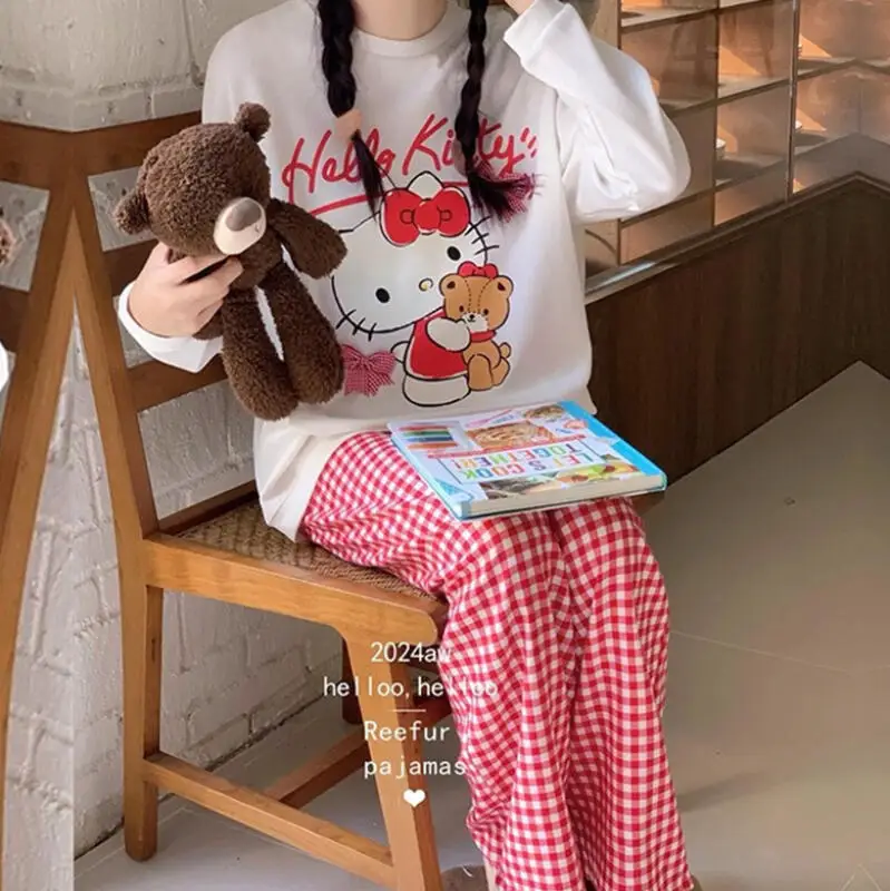 

Hello Kitty, весенне-осенние пижамы Sanrios, женские новые кавайные свободные комплекты домашней одежды с круглым вырезом и героями мультфильмов, молодежная повседневная одежда