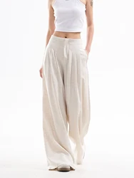 ZHISILAO New Beige Floor Length Pants Women Vintage High Waist Wide Leg Trousers Summer 2024