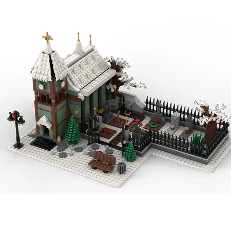 Modular vista de rua modelo moc tijolos de construção inverno aldeia igreja tecnologia blocos presentes brinquedos natal diy conjuntos montagem