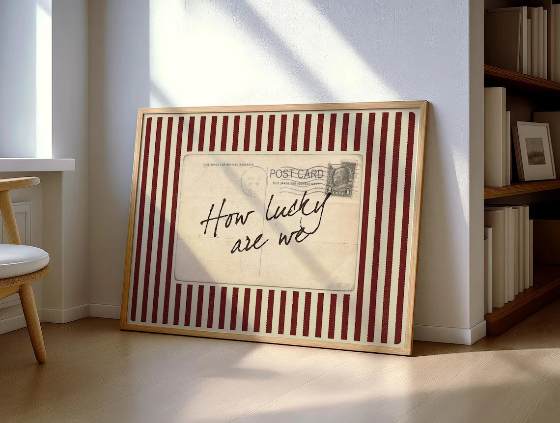 How Lucky Are We Vintage Wall Art Red Stripe Retro Postcard Love Quote Canvas Prints Old Money Sentimental Valentine Wall Decor