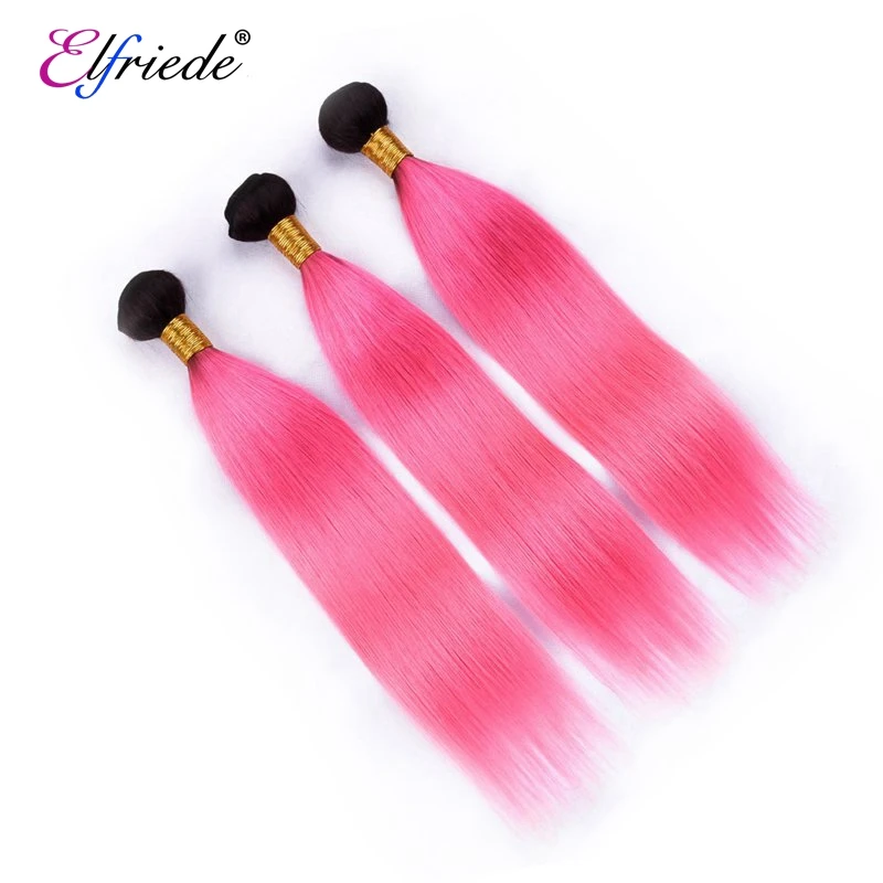 Elfriede Ombre 1B/Dark Pink Straight Hair Bundles with Closure Human Hair Wefts 3 Bundles with Transparent Lace Closure 4x4