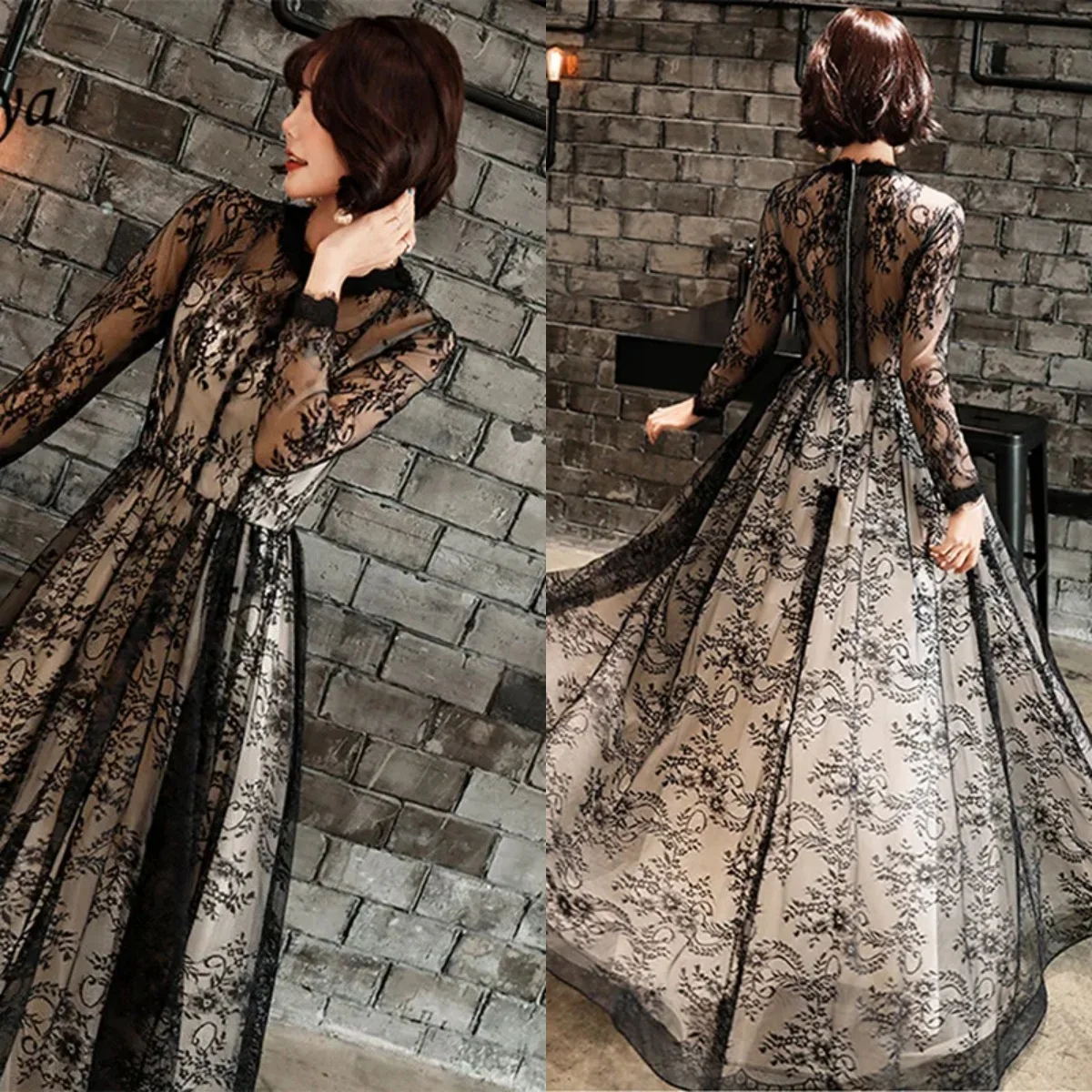 

Evening Dresses Black Lace Embroidery illusion O-neck Full Sleeves A-Line Floor Length Plus size Women Party Formal Gowns E1326