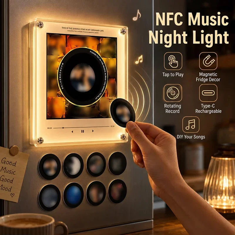 Magnetic NFC Music Fridge Sticker Lamp Led Night Light Touch To Automatic Play Song Vinyl Record Home Ornament Night Lights