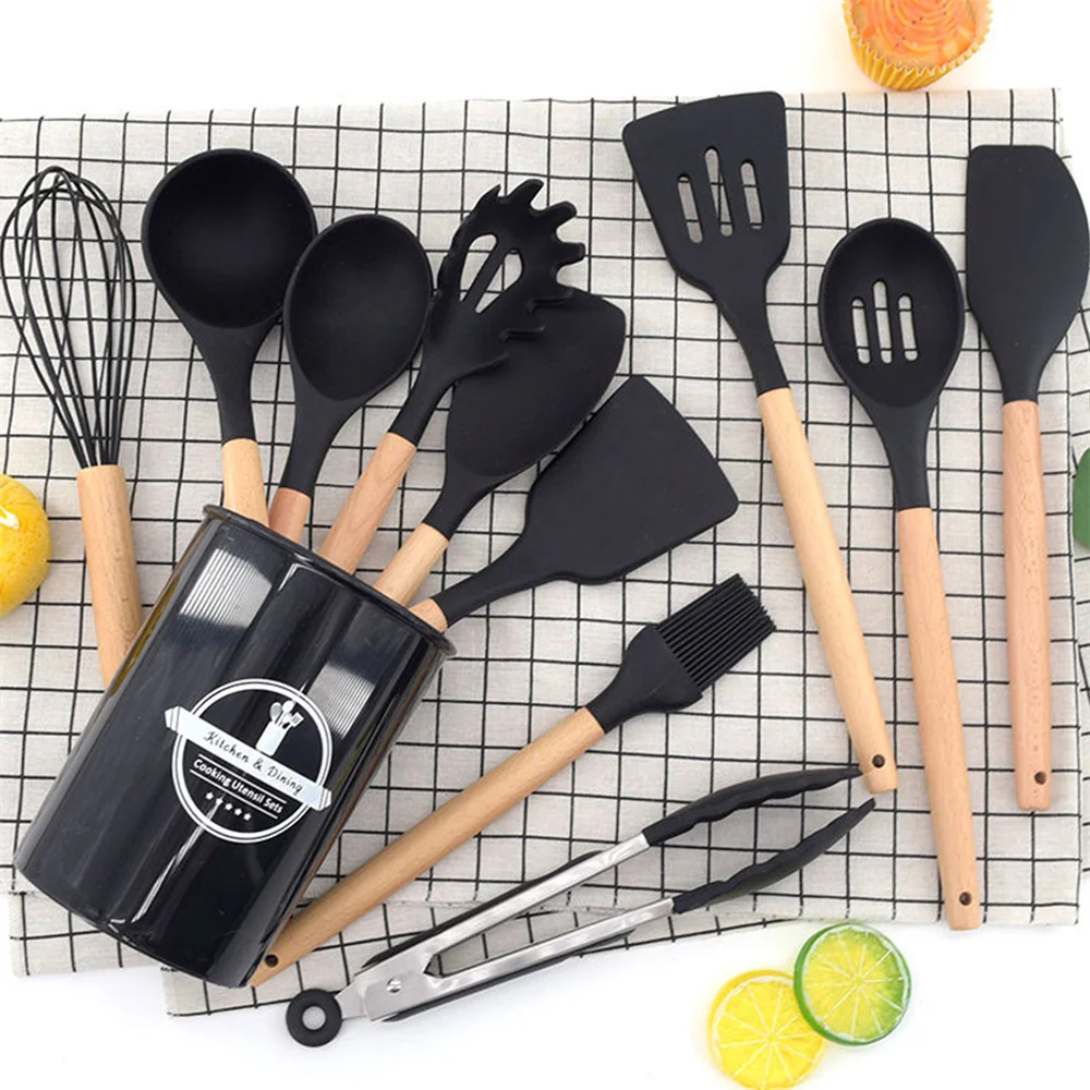 12 Piece Cooking Silicone Kitchen Tool Set Wooden Handle Heat Resistant Silicone Non-Slip Cooking Tools