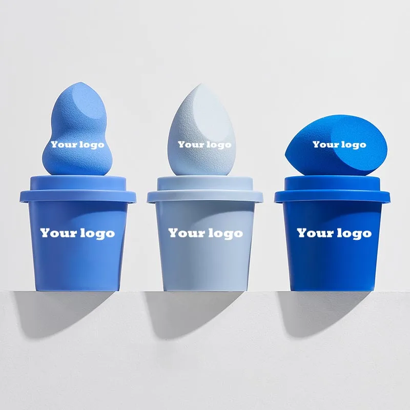 50 stuks aangepast logo blauwe kleuren cosmetische blender aanpassen spons private label latex gratis koffiekopje make-up spons blender