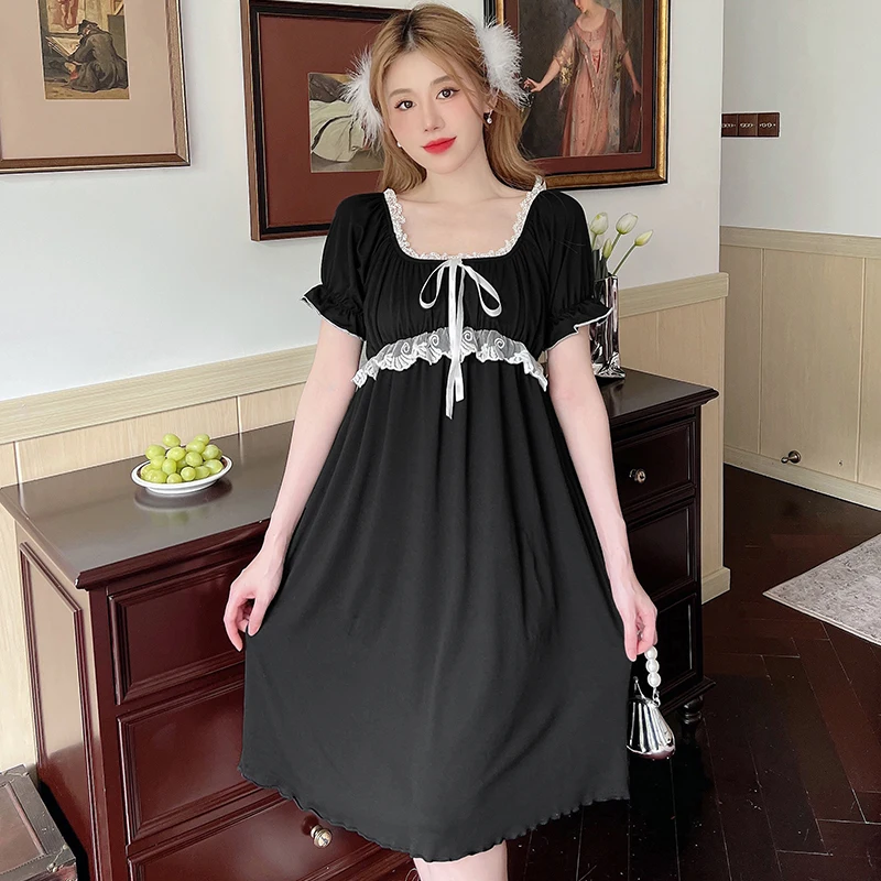 Women's Sleep & Lounge New Women Sleep Skirt Cotton Short Sleeves Nightdress Black with Chest Pad Ladies Shirt Casual Home Dress