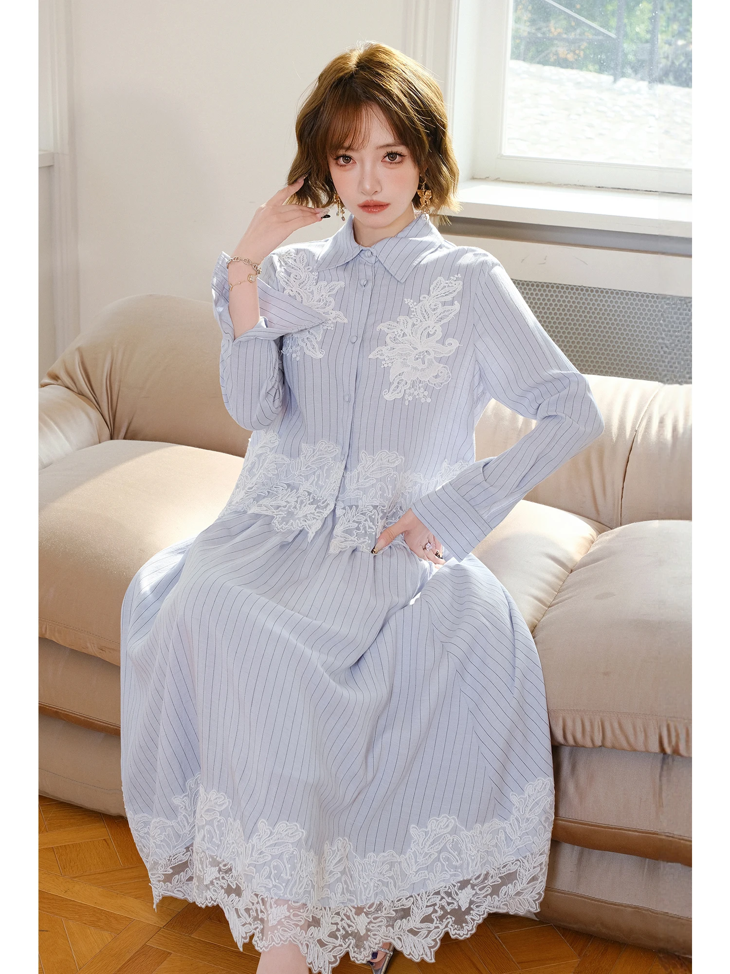 MIUCO Lenzing Linen Blue Stripe Lace Set Commute Simple Shirt A-Line  Skirt One Whole Spring Fashion Women's Ensemble
