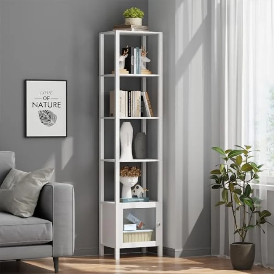 

6 Tier Bookcase and Bookshelf Narrow Book Shelf with Door for Small Space for Living Room Office Study Entryway BS03BW006
