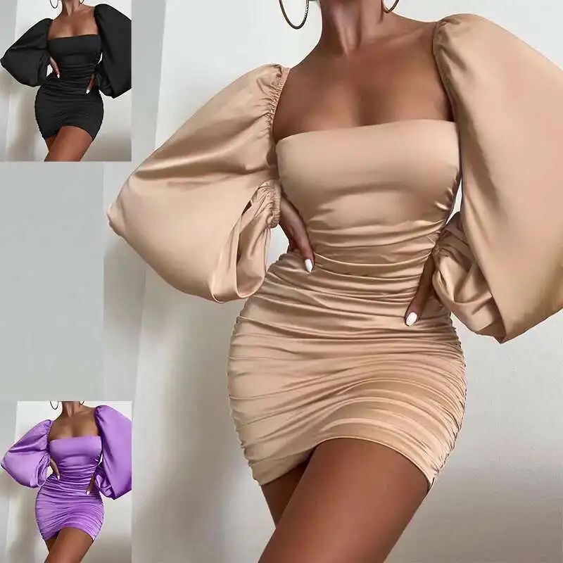 Zl1924 2025 여성의 섹시한 스퀘어 넥 오픈 백 폴드 래핑 된 팔 랜턴 긴 소매 솔리드 컬러 새틴 짧은 스커트