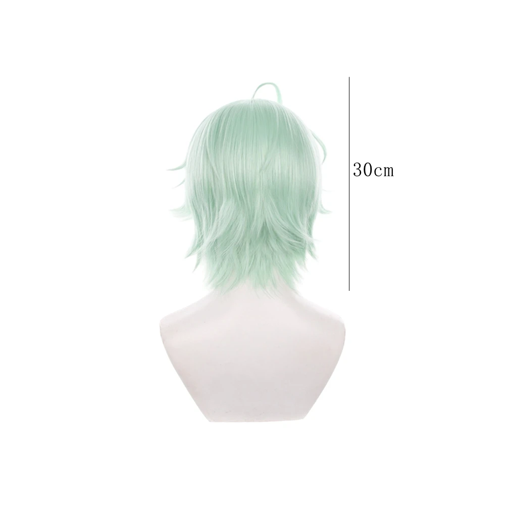 Mint Green Short Wavy Wig With Ahoge And Bangs Cosplay Wig Unisex Costume Party Synthetic Hair Peruke
