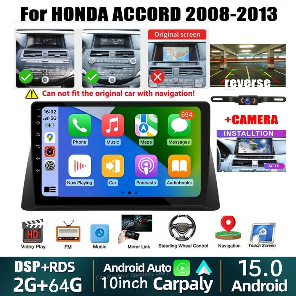 

10-дюймовая автомагнитола 2+64 ГБ для Honda Accord 2008-2013, Android 15, GPS-навигация с Carplay, Android Auto, WiFi, Bluetooth, Mirror Link