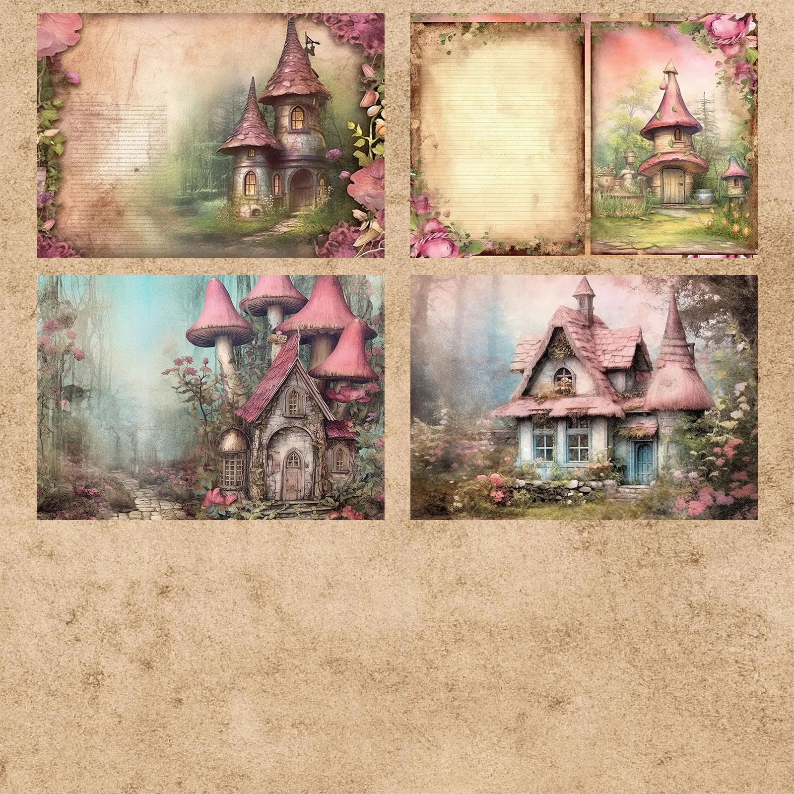 16 Sheets A5 Size Romantic And Dreamy Pink Mushroom Castle Background Vintage Grunge Journal Planning Scrapbooking