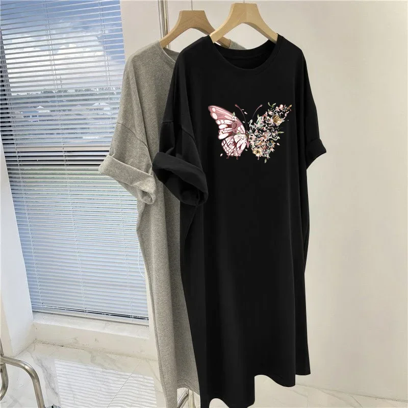 

Summer Cartoon Printed Overknee Tunic, Casual Loose O-neck Pullovers Dress, Women Clothing Vintage Short Sleeve Dresses