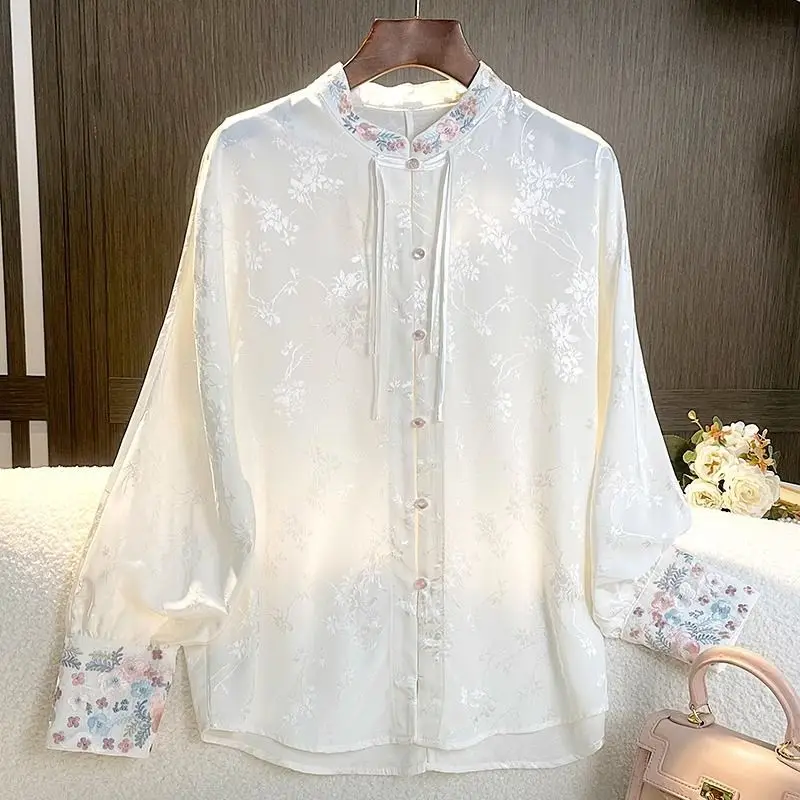 Vintage Chinese Style Spring New Women\'s Stand Collar Embroidery Printed Frog Fashion Elegant Long Sleeve Loose Shirt Tops