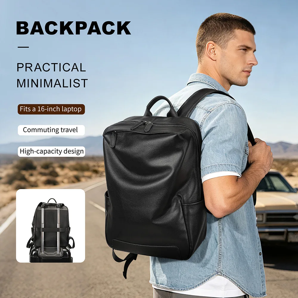 Men's Genuine Leather Laptop Backpack Business Travel Bag Water Resistant Fits 16 Inch Notebook Office Work Daypack