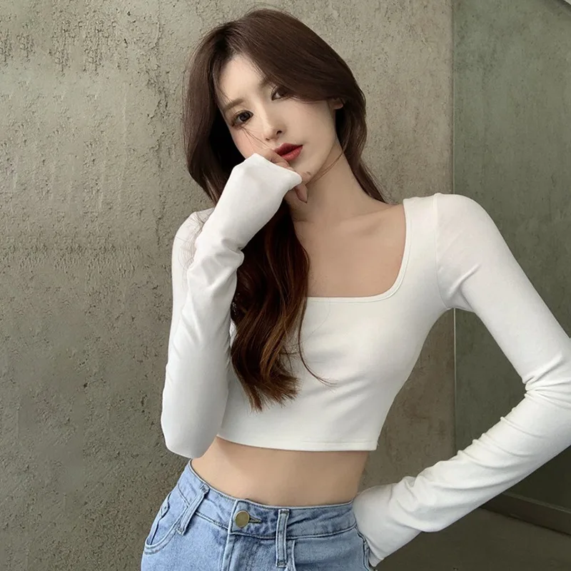 

Long Sleeve Crop Top Women Shirts Black Sexy Femme Clothes U-neck Basic Short T Shirt