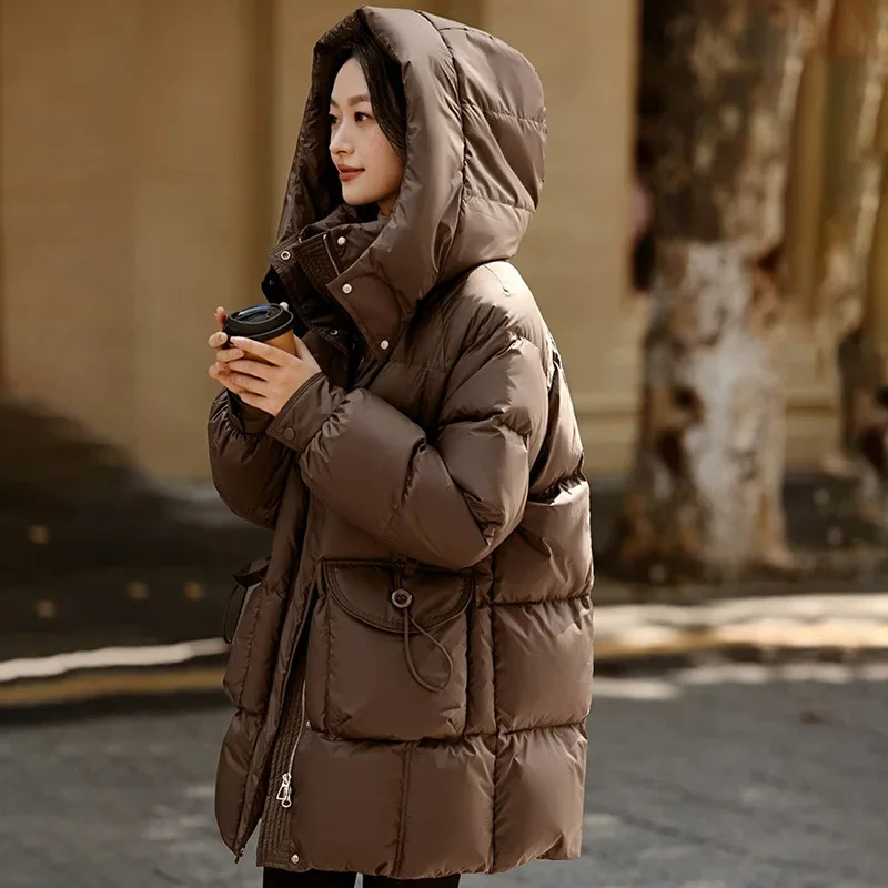 Women\'s Winter Coats Hooded Loose Casual Puffer Jacket Duck Down Thicked Warm Mid-length Down Jacket Stand-up Collar Overcoat