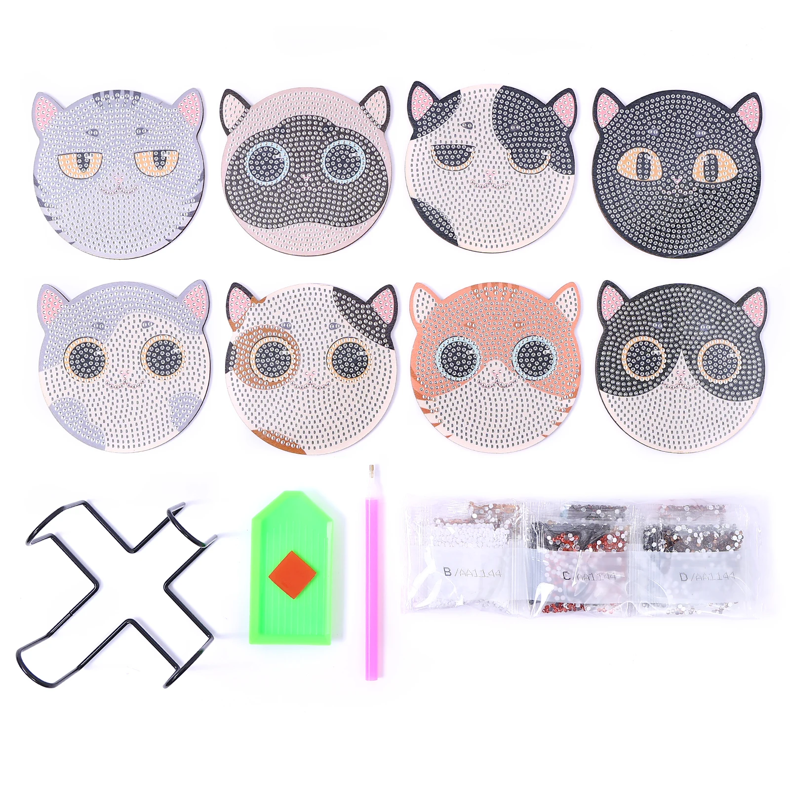 8pcs/Set DIY Diamond Painting Coasters Cat Wood Tablemat for Drinks Crystal Rhinestones Diamond Art Coasters with Holder