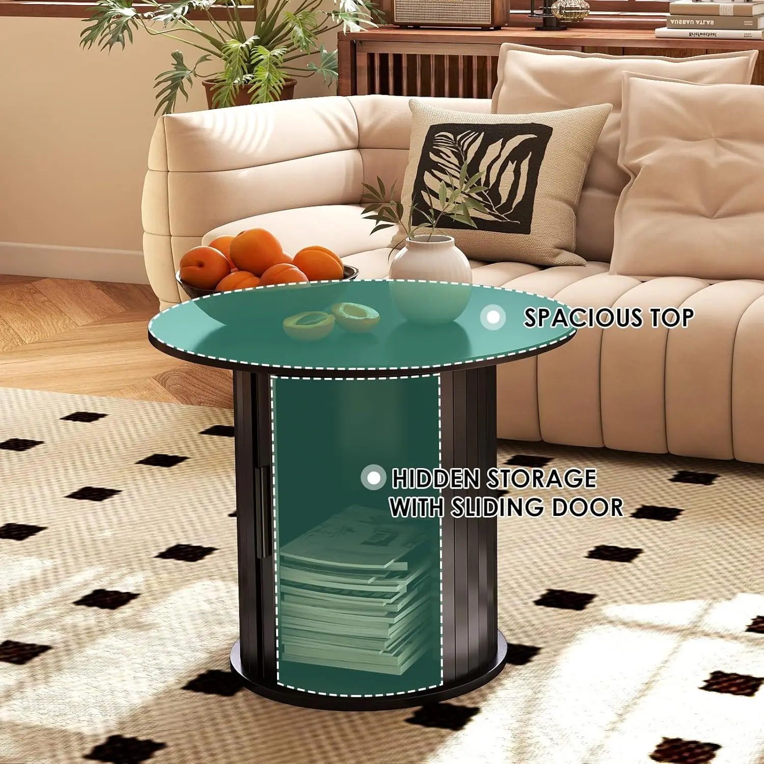 طاولة قهوة خشبية مستديرة مقاس 23.6 بوصة مع مساحة تخزين مخفية وباب منزلق، مجموعات طاولات جانبية للمزرعة الدائرية لغرفة المعيشة وغرفة النوم، Ba