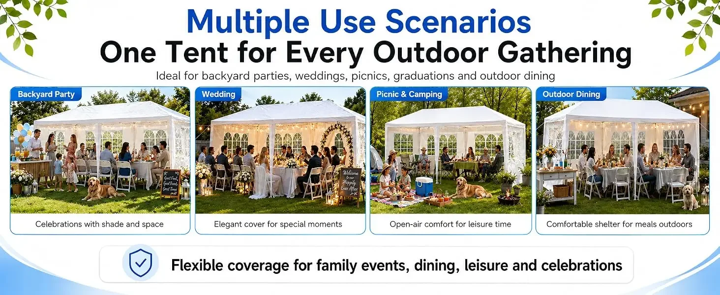 10 X 20 FT Outdoor Party Canopy Tent in White, with Removable Window Sidewalls, Ropes, and Stakes — Ldeal for Backyard Events, Weddings, Graduations, Picnics, and Outdoor Dining.
