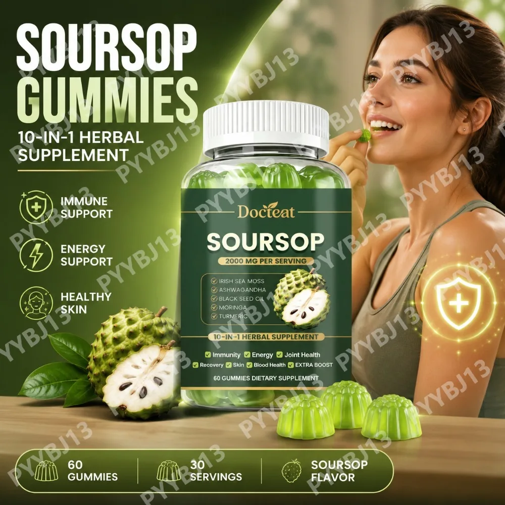 Docteat Soursop Gummies with Irish Sea Moss Ashwagandha Herbal Extract Blend Beauty Wellness Support Daily Nutrition 60 Gummies
