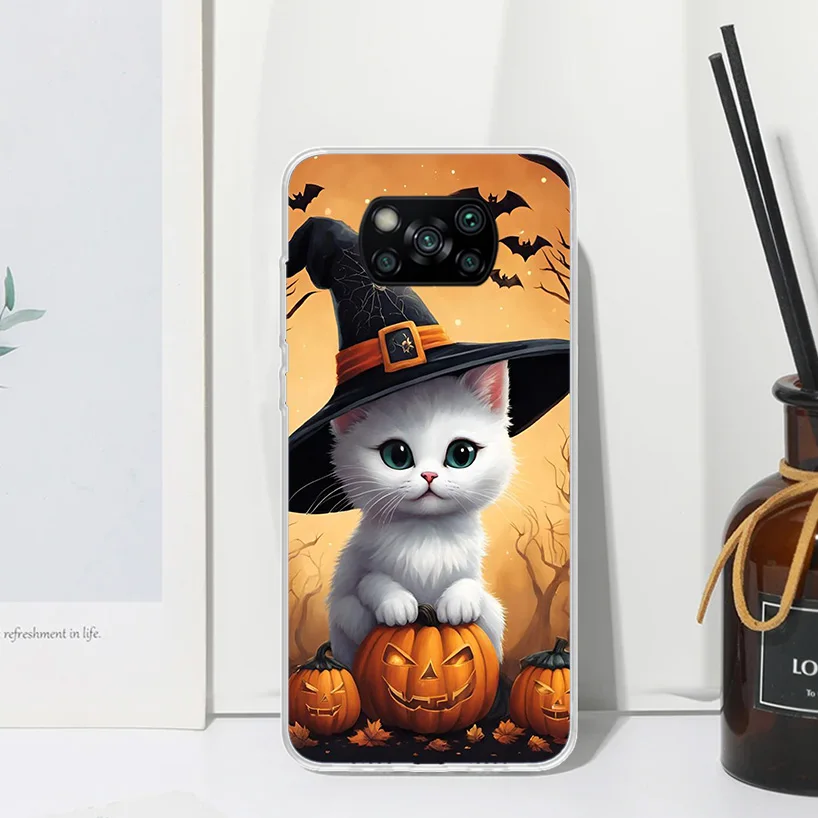 Black Kitten Halloween Pumpkin Phone Case For Xiaomi Poco X6 X5 X4 X3 Nfc F6 F5 Pro F4 Gt F3 F2 F1 M5S M4 M3 Art Fundas Back Cov