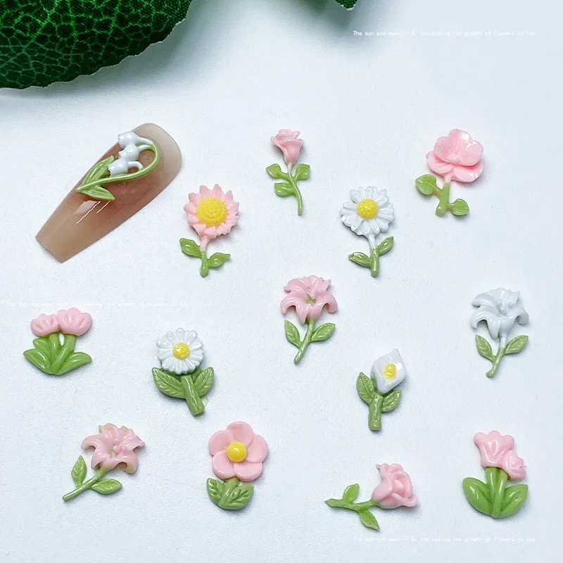 20pcs Spring Pink White Flower Nail Charms Jewel Luminous Nail Accessories Mixed DIY Handmade Nail Art Decoration Supplies Parts