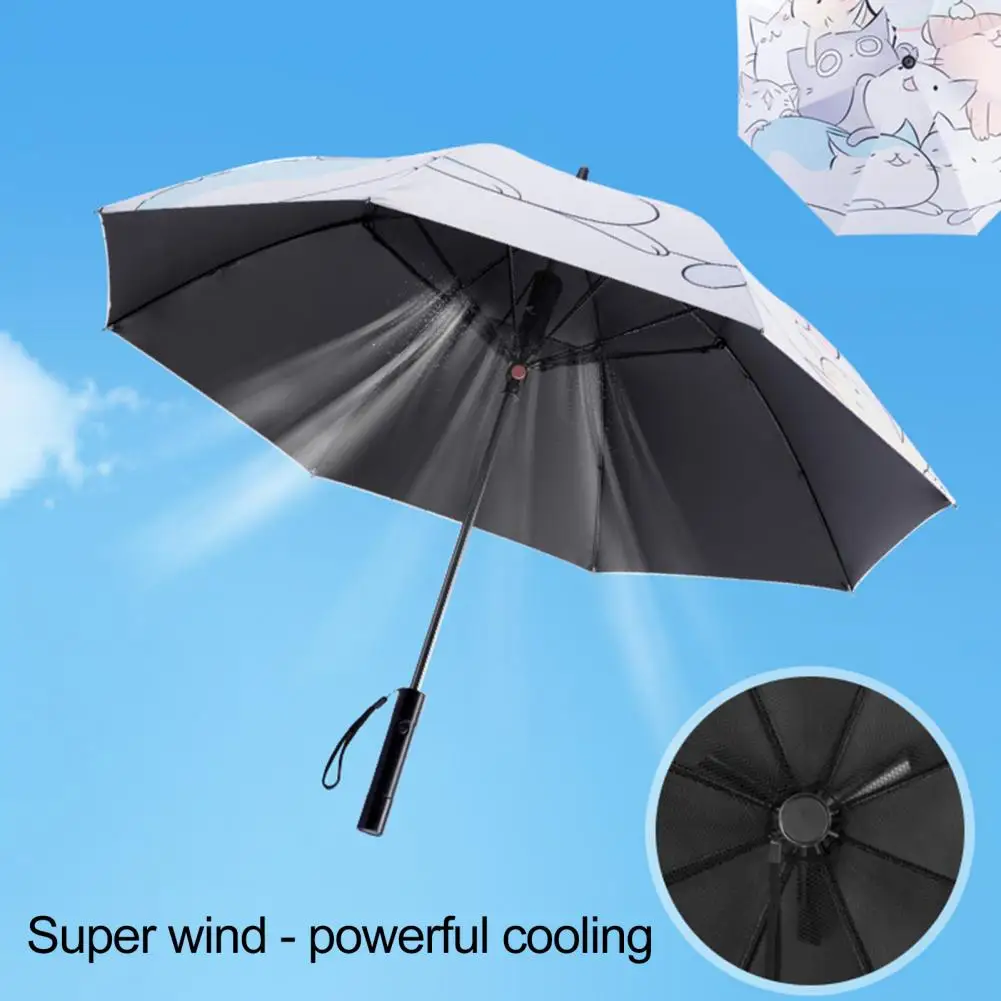 Sun Protection Fan Umbrella Cartoon Cat Print Rechargeable UV Blocking Umbrella Portable Waterproof Windproof Sun Rain Umbrella