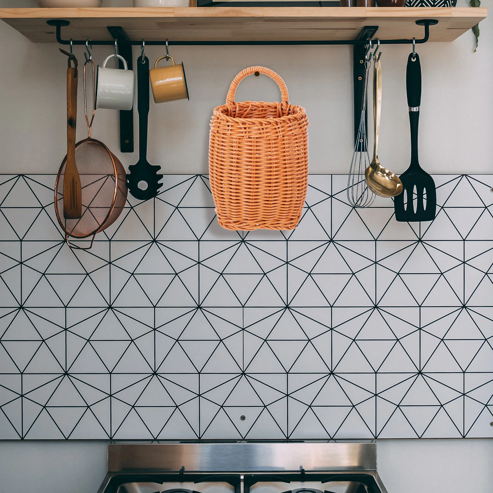 

Wall Hanging Basket Imitation Rattan Woven Storage Basket Kitchen Door Organizer Fruit Vegetable Holder Decorative