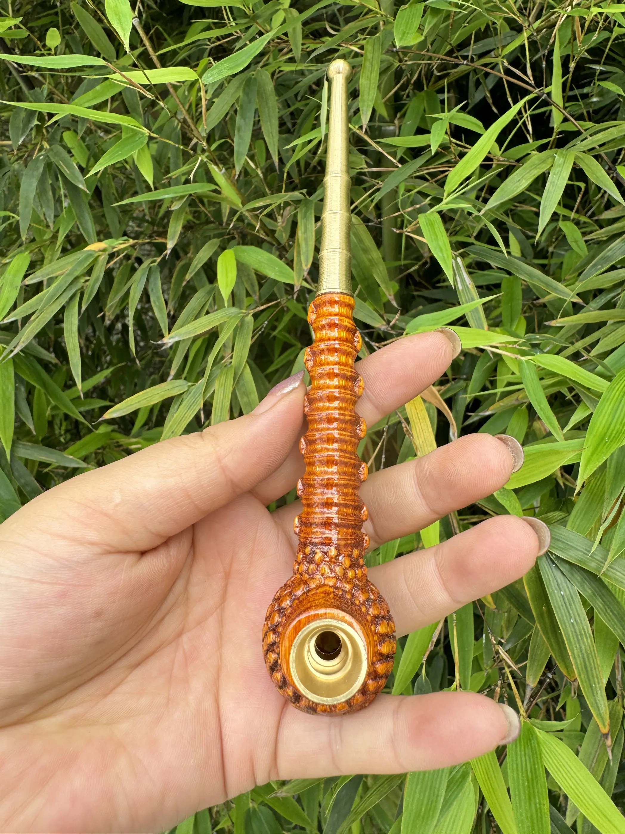 Solid Bamboo Integral Carving Integrated Old-Fashioned Straight Pipe, 17cm Long Three-Purpose Top of Lighter Multi-Purpose