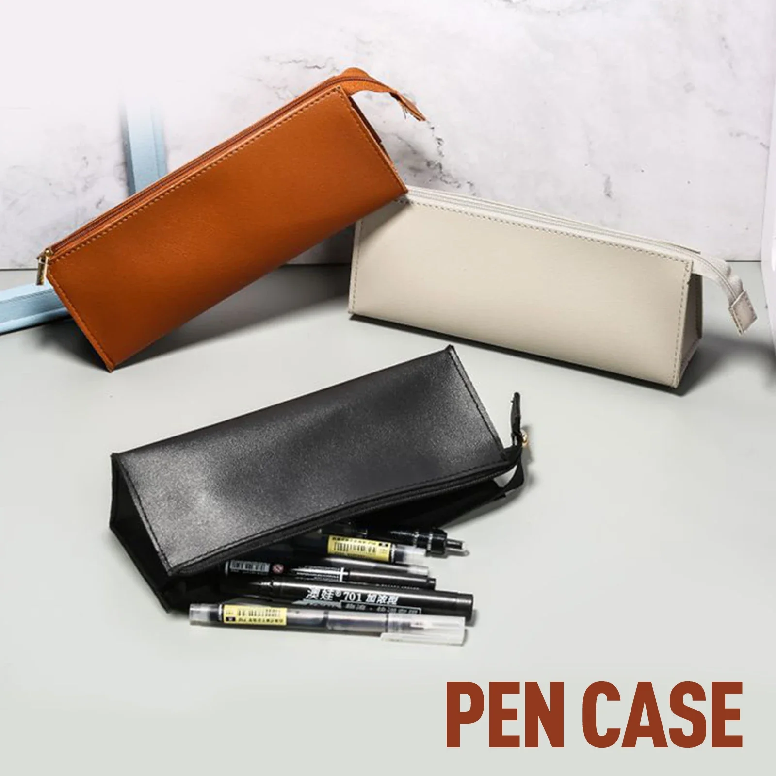 

1pc Pen Case with large capacity leather zipper opening Instagram style minimalist black brown beige Student stationery supplies