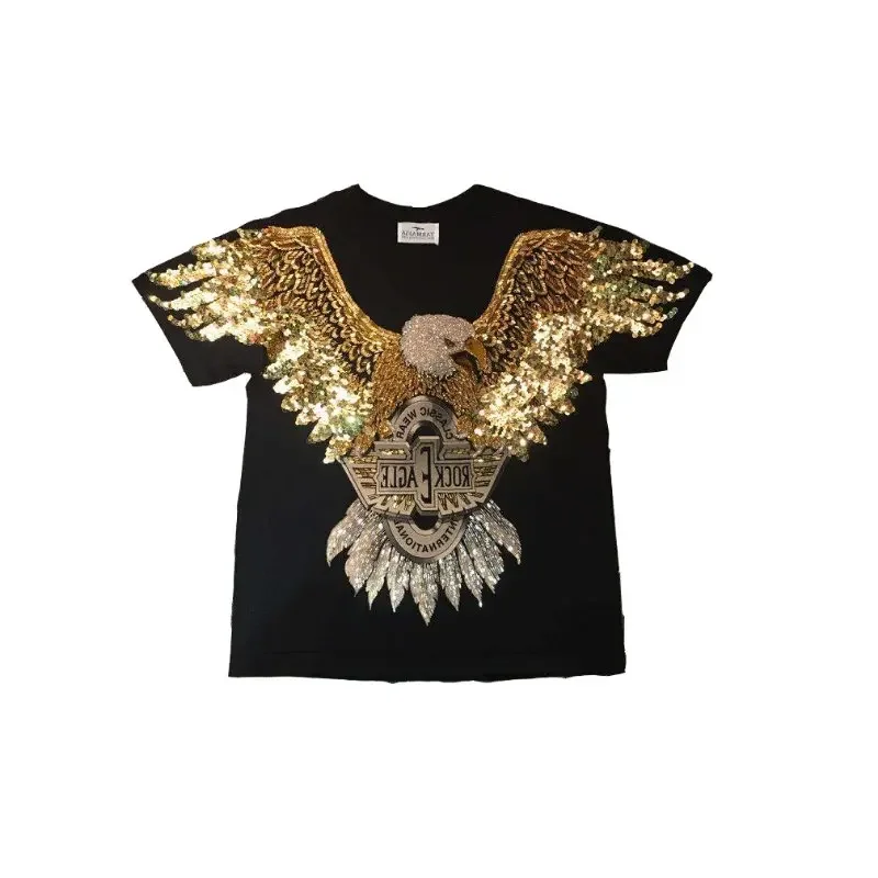 Fashion Brand 3d Beaded Wings Eagle Pattern Mid-Length T-shirt for Women 2023 Summer New Heavy Embroidery Sequins Couple Tee