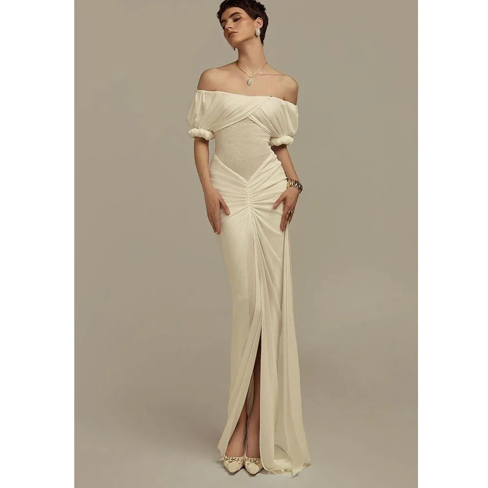 

Элегантные вечерние платья Biege женские с открытыми плечами Русалка с вентиляционным отверстием длиной до пола, с скользящим шлейфом, перспективные женские платья, классические