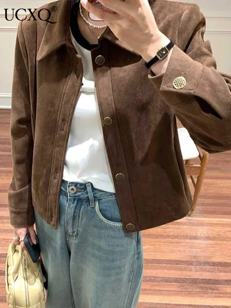 UCXQ Fashion Women\'s Coat American Retro Lapel Collar Single Breasted Long Sleeve Coffee Casual Jacket 2024 Spring Autumn 3C1513