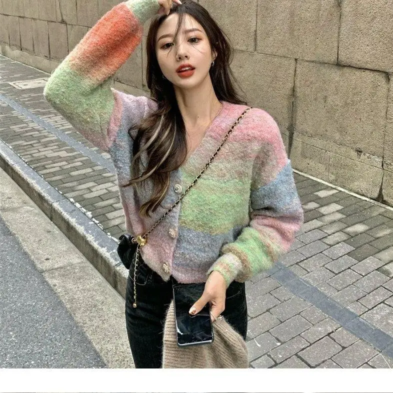 Korejpaa Tie Dye Gradient Striped Knitted Sweater Cardigans Streetwear Women V Neck Long Sleeve Top Jacket 2024 Autumn Clothes