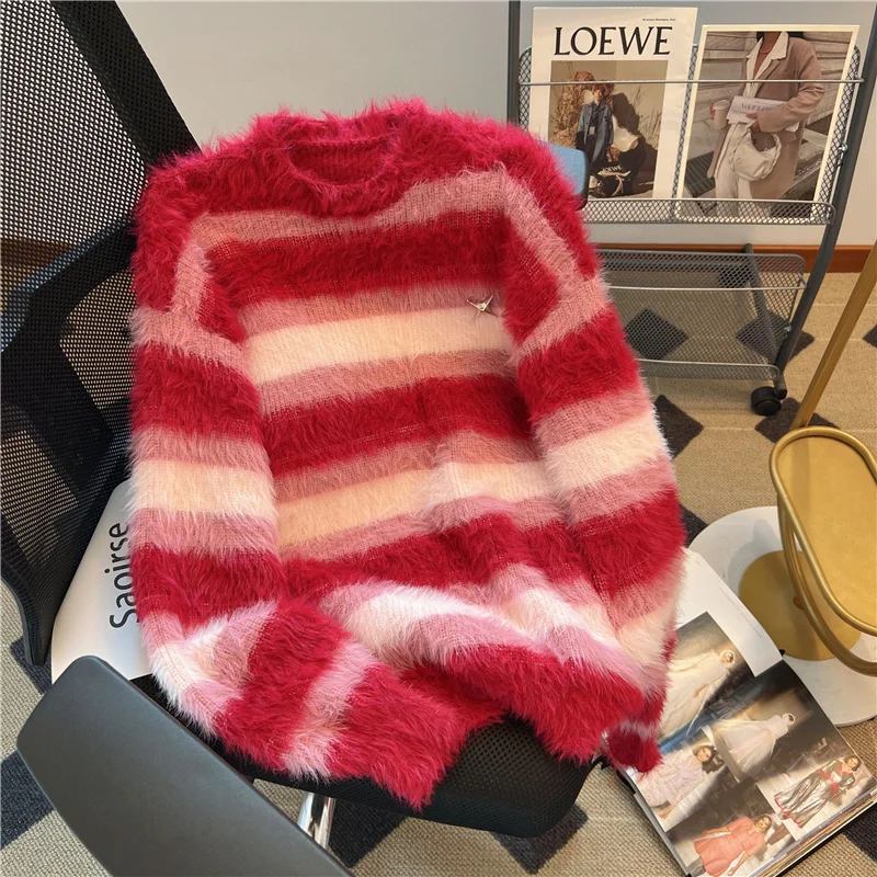 Y2k Aesthetic Red Mohair Soft Women Sweater Striped Grunge Autumn Harajuku Loose Pull Femme All Match Japanese Sueter Mujer