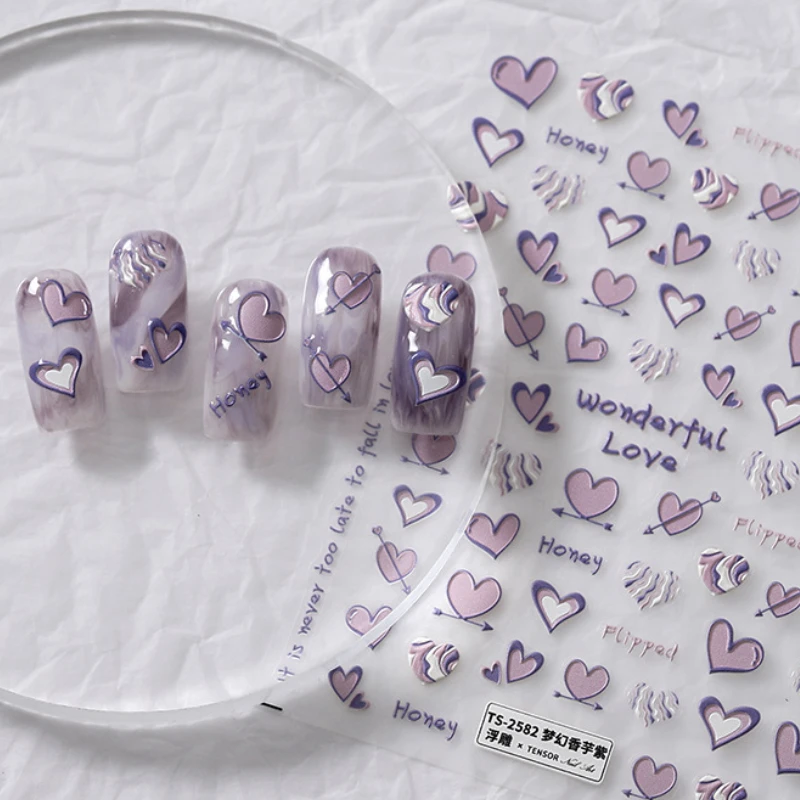 Taro Roxo 5D Em Relevo Reliefs Auto Adesivo Nail Art Decorações Adesivos Heartbeat Sinais Bonito 3D Manicure Decalques Atacado