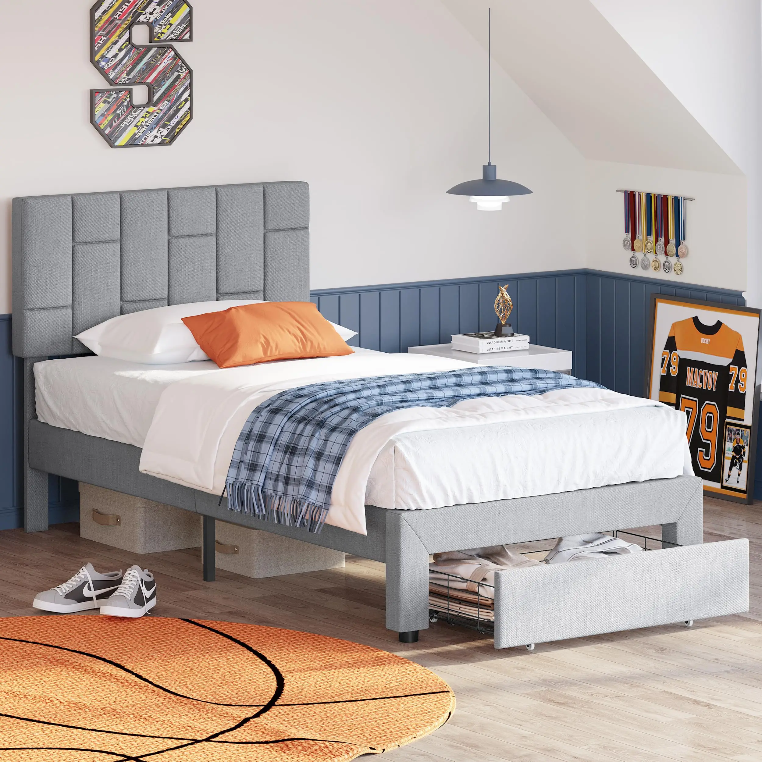 LIKIMIO Twin Bed Frame with Under-Bed Drawer, Platform Upholstered Bed with Headboard, No Box Spring Needed, Light Grey