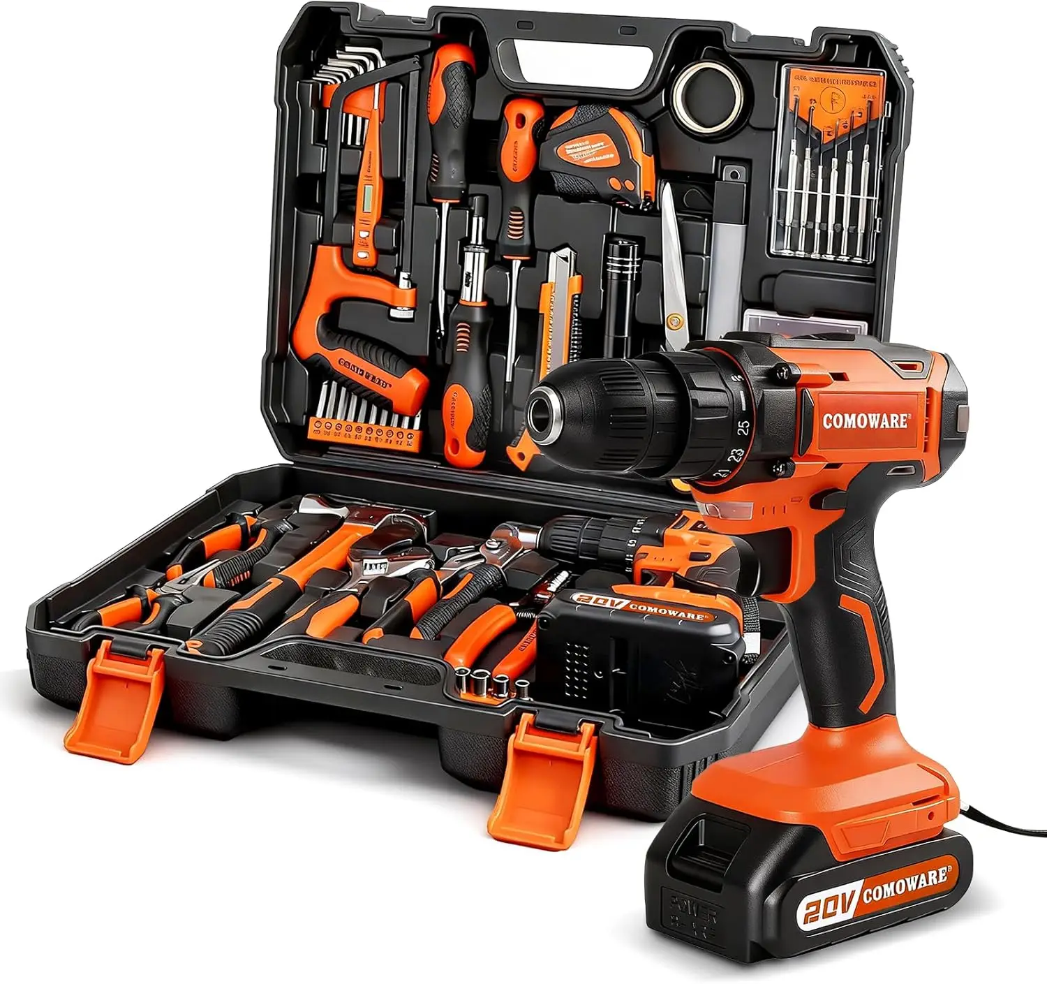 

Аккумуляторная дрель-шуруповерт 20В и набор ручных инструментов из 120 предметов с пластиковым ящиком для инструментов для проектов по домашнему ремонту, офиса и сада