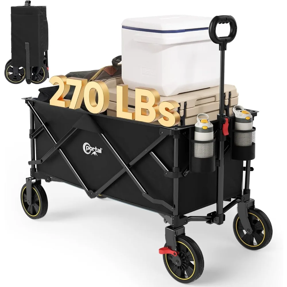 

Collapsible Folding Wagon Cart, 270 lbs Heavy Duty Foldable Wagons with Wheels & Brake, Utility Grocery carts for Apartme