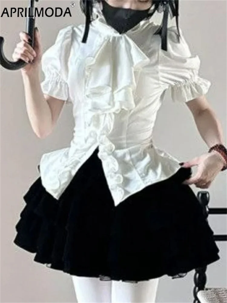 نفخة الأكمام اليابانية الفيكتوري القوطية لوليتا قمصان Y2k الجمالية الكشكشة القوس سليم بلوزة بلايز المرأة خمر أنيقة JK Blusas